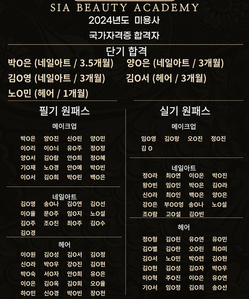 ★ 2024년도 미용사 국가자격증 누적 합격자 ★ (기준일 : 24년 8월 08일)