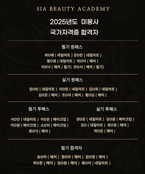 ★ 2025년도 미용사 국가자격증 누적 합격자 ★ (기준일 : 25년 3월 25일)