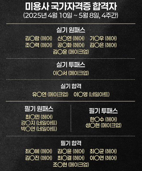 ★ 2025년도 미용사 국가자격증 누적 합격자 ★ (기준일 : 25년 5월 9일)